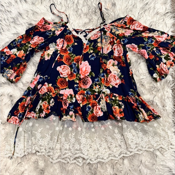 Umgee Blue Tie Front Ruffled Lace Blouse - Picture 6 of 6